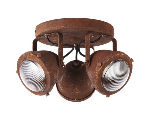 Taklampa i metall med rostig design och tre spotlights
