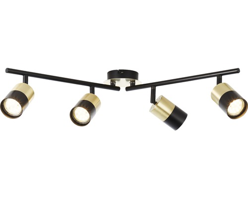 Taklampa med fyra spotlights i svart och guld
