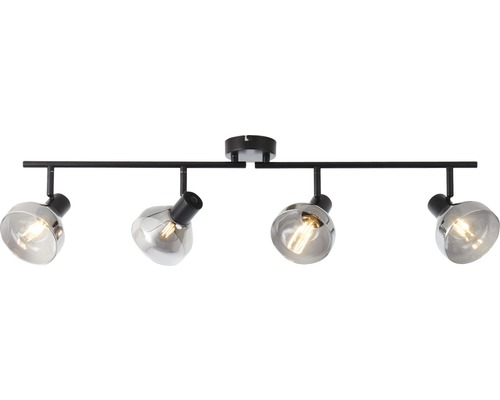Svart taklampa med fyra lampor och glasskärmar