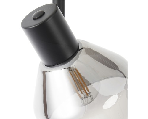 Detaljvy av en pendellampa med transparent glasskärm och ljuskälla