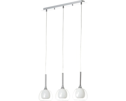 Pendellampa med tre lampor, av glas och metall