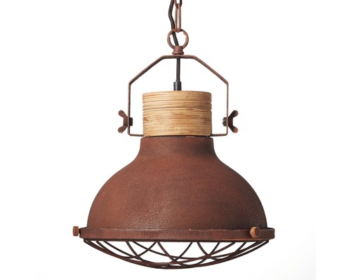 Hänglampa i metall med träapplikation och galler