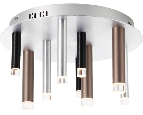 Taklampa med cylindriska lampskärmar i olika färger.