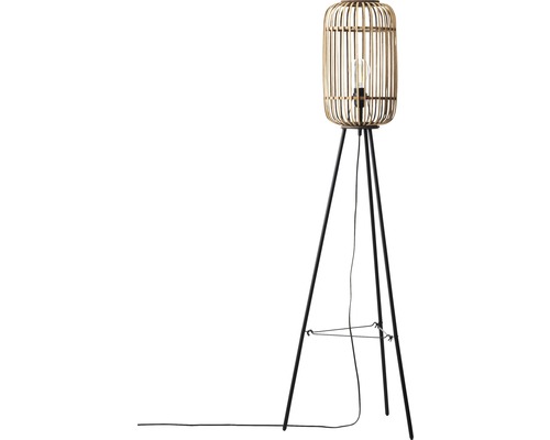 Golvlampa med lampskärm av bambu och svart stativ