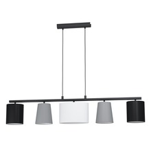 Taklampa med fem lampskärmar i olika färger