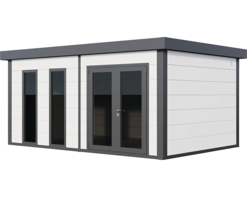 Modernt trädgårdshus med fönster och dubbeldörr