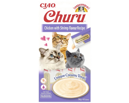 Kattgodis CIAO Churu Cat Chicken With Shrimp Flavor 4st Ciao Churu kattgodis med kyckling- och räksmak, 14 gram x 4 tuber