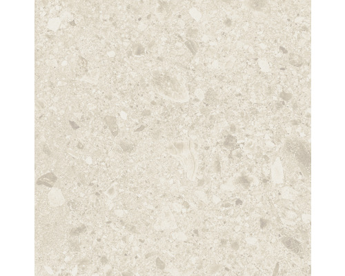 Närbild av en golvplatta med terrazzo-utseende.
