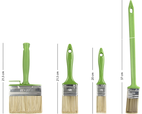 Penselset med platt pensel, roller och elementpensel i olika storlekar