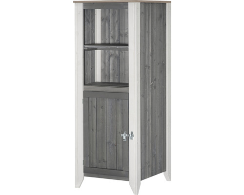 Öppet träskåp med hyllor och en dörr med lås