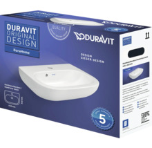 Förpackning med ett Duravit DuraHome handfat som mäter 450 x 340 mm med fem års garanti