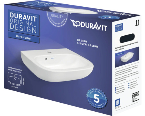 Förpackning med ett Duravit DuraHome handfat som mäter 450 x 340 mm med fem års garanti
