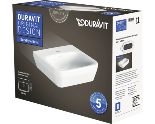 Förpackning med ett Duravit DuraStyle Basic handfat med måtten 450 x 360 millimeter och 5 års garanti