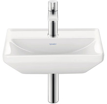 Vitt Duravit handfat med kromad blandare och avloppsrör