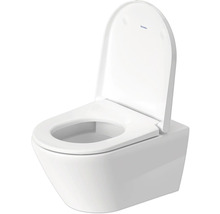 Vit vägghängd toalett med djup spolning, öppen spolkant och Duravit logotyp