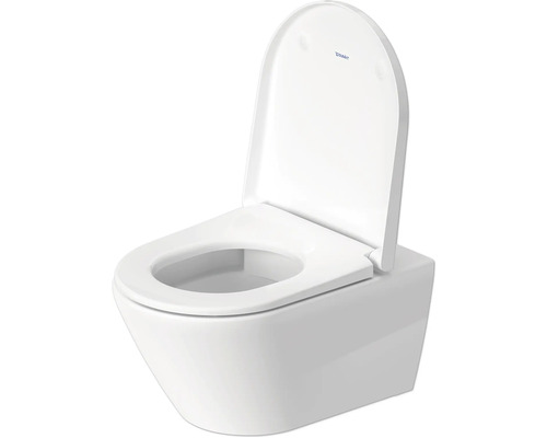 Vit vägghängd toalett med djup spolning, öppen spolkant och Duravit logotyp