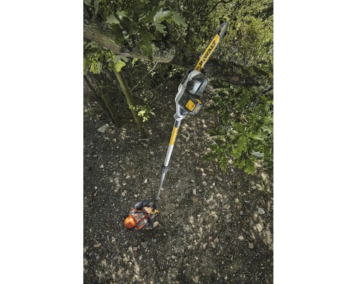 En person använder en DeWalt batteridriven grensax för att såga av en trädgren.