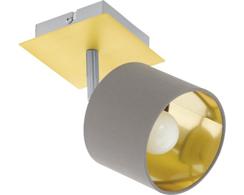 Taklampa med grå lampskärm och guldfärgad insida