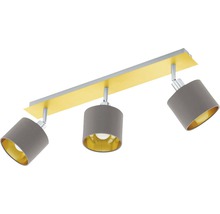 Taklampa med tre lampor och grå tygskärmar