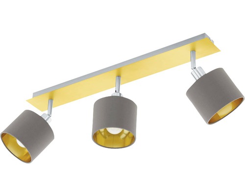 Taklampa med tre lampor och grå tygskärmar