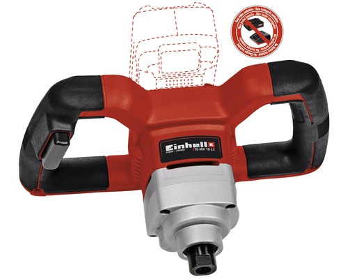Einhell logotyp. Mortelvisp med två handtag för blandning av byggmaterial.