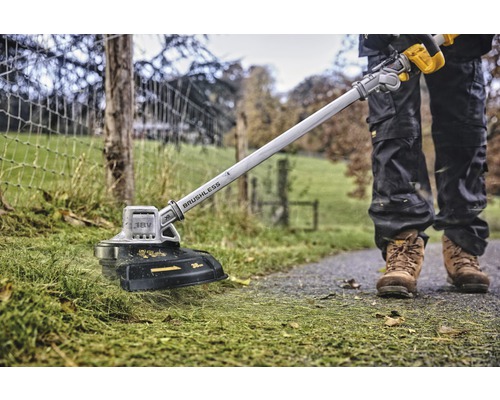 Översikt över en person som trimmar gräsmattan med en batteridriven grästrimmer