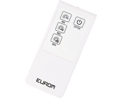 Eurom fjärrkontroll med knappar för att ställa in minimal, medium och maximal effekt samt för att slå på och av