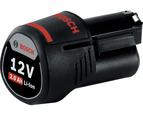 Bosch logotyp. 12 volt 2,0 amperetimmar litiumjonbatteri.