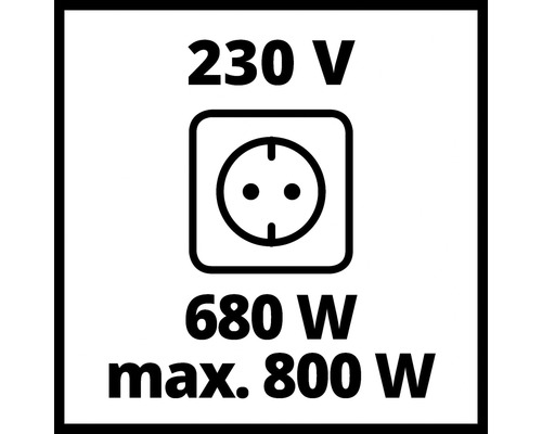 Symbol för 230 volt spänning, eluttag, 680 watt, maximalt 800 watt