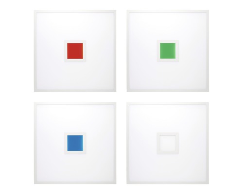 Fyra kvadratiska LED-paneler med röd, grön, blå och vit fyrkant