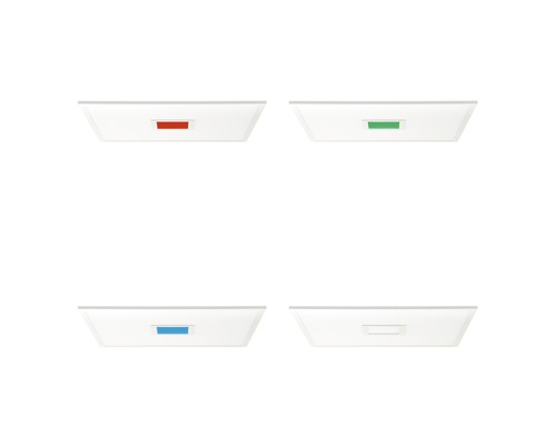 Fyra vita LED-paneler med olika färgmarkeringar för nödbelysning
