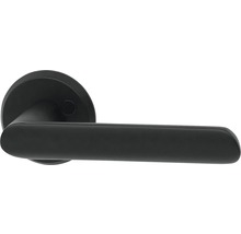 Svart dörrhandtag med rund rosettdesign