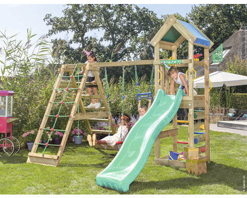 Lektorn JUNGLE GYM Patio komplett Lektorn med gunga, rutschkana och klättervägg i trädgården med lekande barn