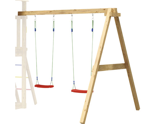 Trä gunga med två röda gungsitsar