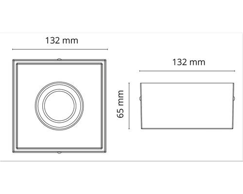 Teknisk ritning av en kvadratisk lampa med måtten 132 mm x 132 mm x 65 mm.
