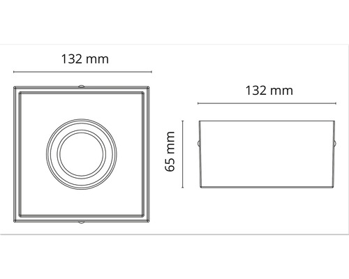 Teknisk ritning av en kvadratisk infälld spotlight med måtten 132 mm x 132 mm x 65 mm.