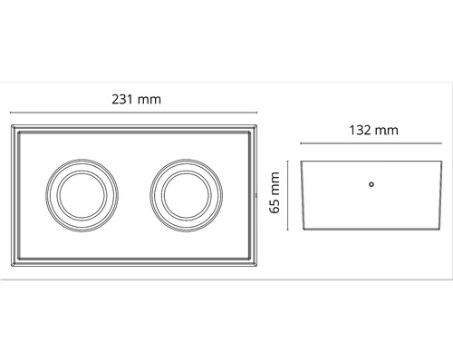 Teknisk ritning av en infälld armatur med måtten 231 mm, 132 mm och 65 mm