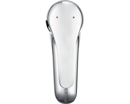 Kromad vattenkran med röd och blå markering för temperaturkontroll