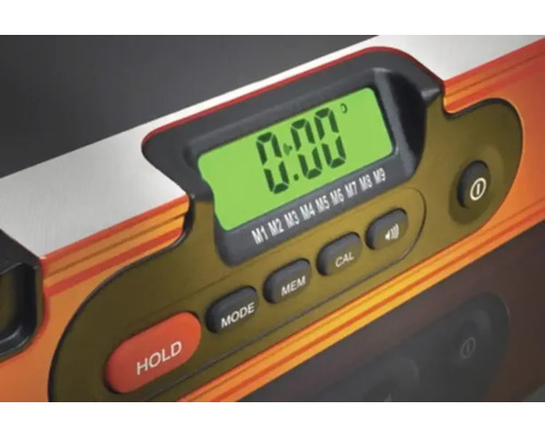 Detaljvy av ett digitalt vattenpass med display och kontrollknappar