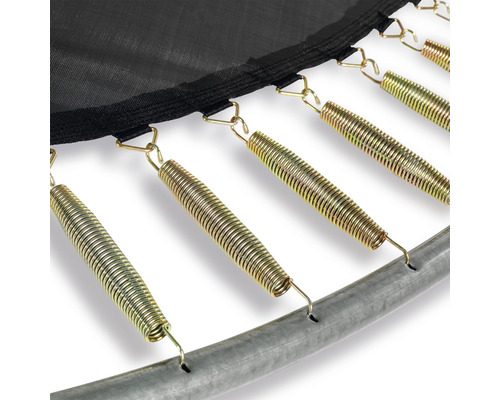 Detaljvy av trampolinfjädrar som förbinder hoppduken och ramen