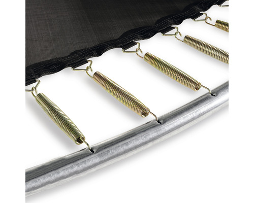 Närbild av trampolinfjädrar fästa på ram och studsmatta