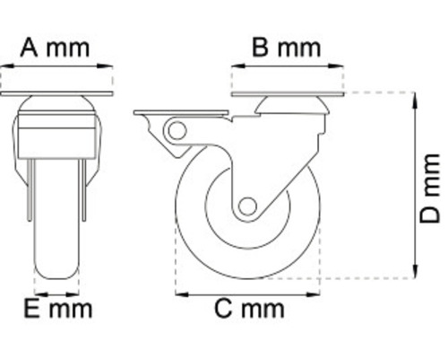 Teknisk ritning av en möbelrulle med måttangivelser