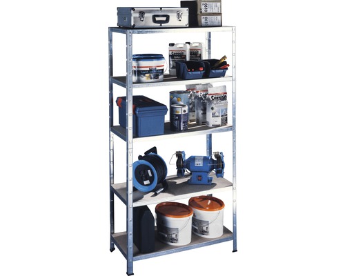 Hylla med verktygslåda, färgburkar, kabelvinda och verktyg