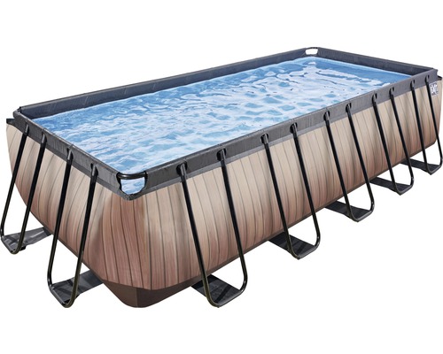 Rektangulär ram pool med trä utseende och vattenfyllning