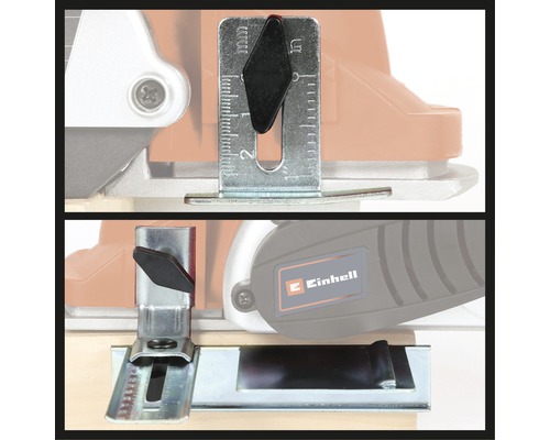Detaljvy av en Einhell-såg med metrisk skala för exakt inställning.