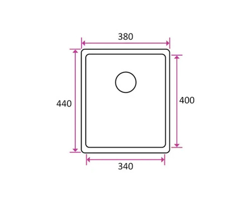 Teknisk ritning av en diskho med måtten 380 x 440 x 340 x 400 mm.
