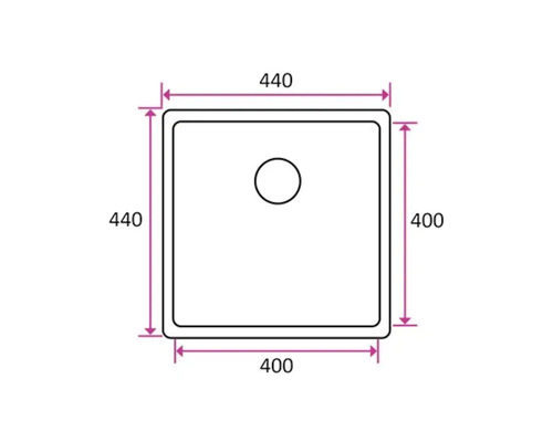 Teknisk ritning av ett fyrkantigt handfat med måtten 440 gånger 400 millimeter.