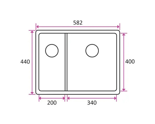Ritning av en diskho med måtten 582 mm x 440 mm