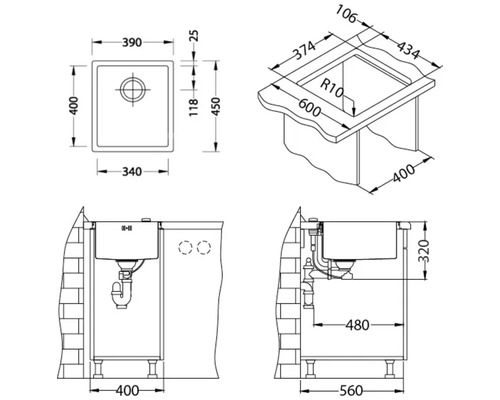 Teknisk ritning av en diskho med dimensioner