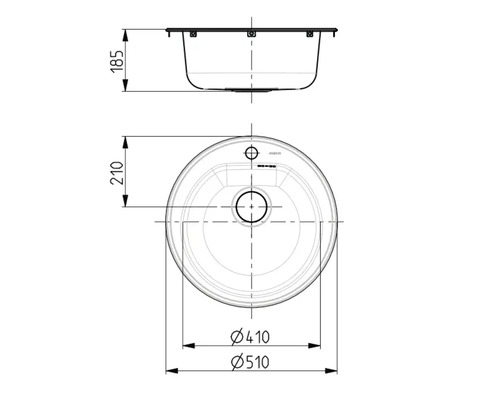 Teknisk ritning av ett runt tvättställ för bänkmontage med måttangivelser